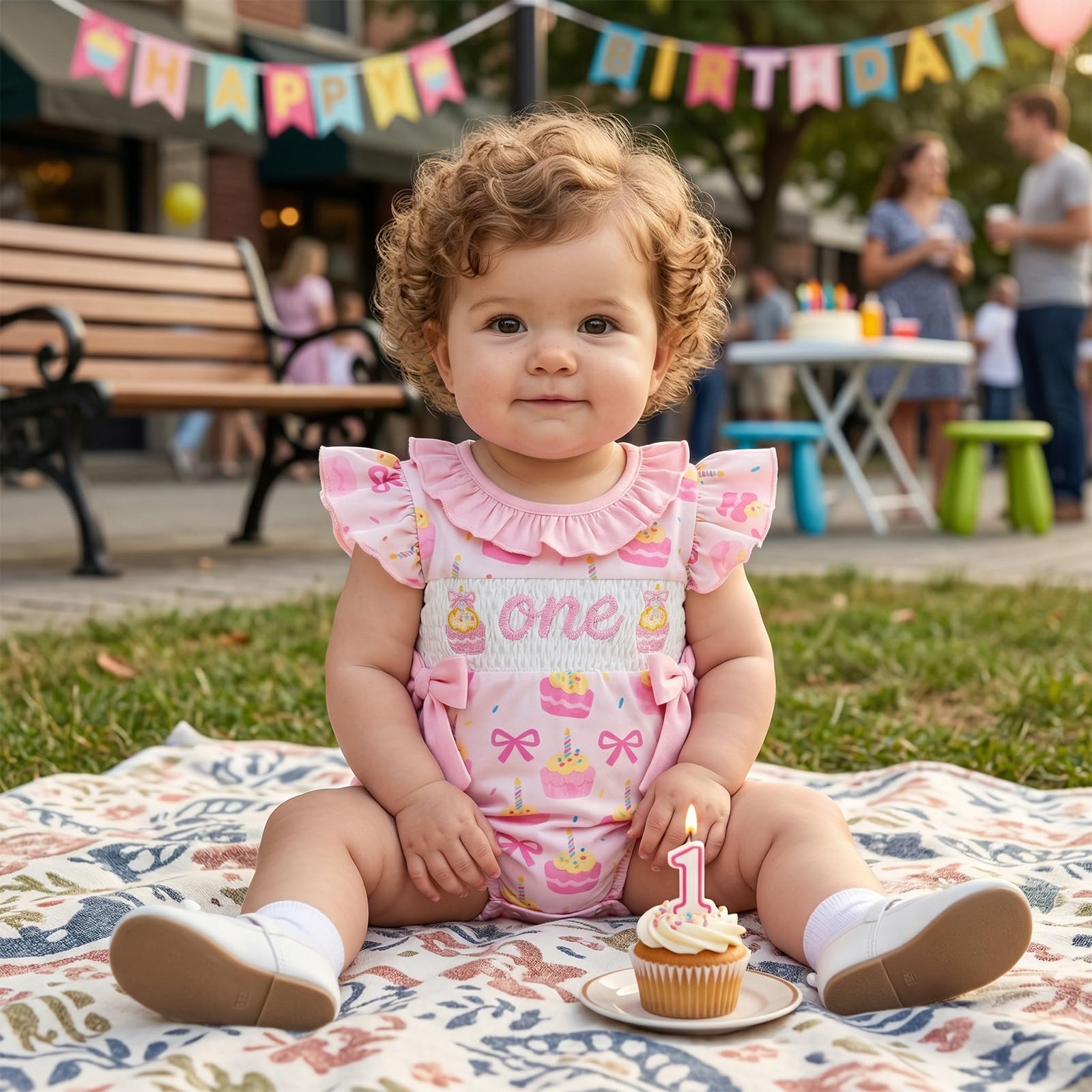 BemeyourBBs Baby Girl First Birthday Outfit 1st Birthday Cake Smocked Romper Jumpsuit One Year Clothes