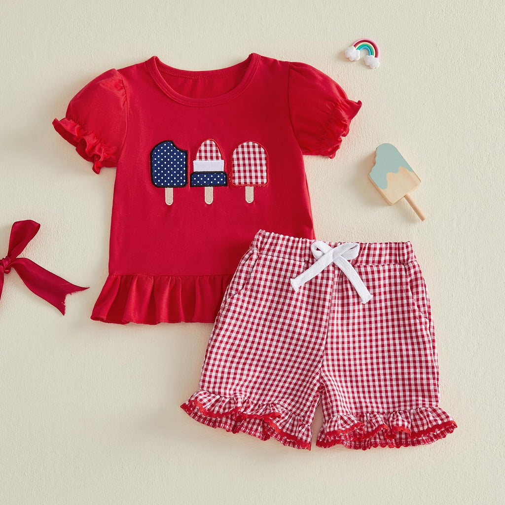 Karuedoo Toddler Baby Girl 4th of July Outfit Popsicle Embroidery Puff Sleeve Ruffle T Shirt Tops Plaid Shorts Set