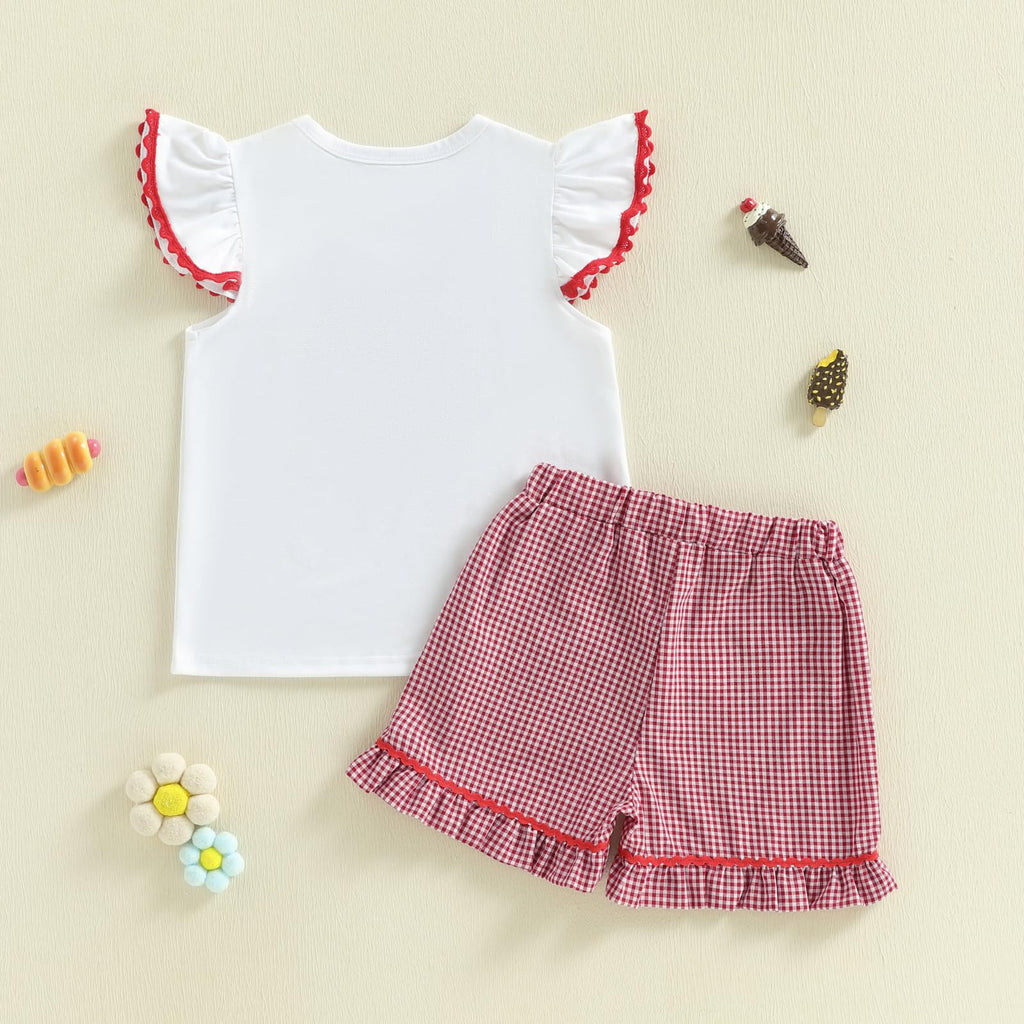 Toddler Baby Girl Outfit Summer Fly Sleeve Dessert House/Floral Embroidery T-shirt Top Shorts Pants 2PCS Clothes Set