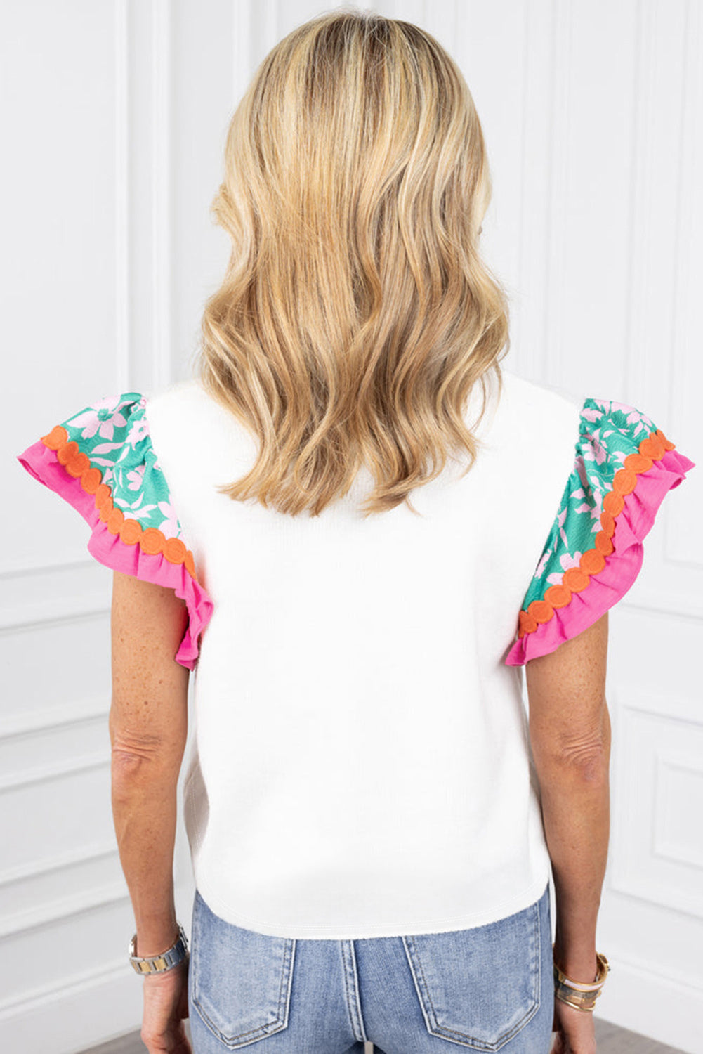 Peach Blossom Contrast Ricrac Floral Sleeve Top