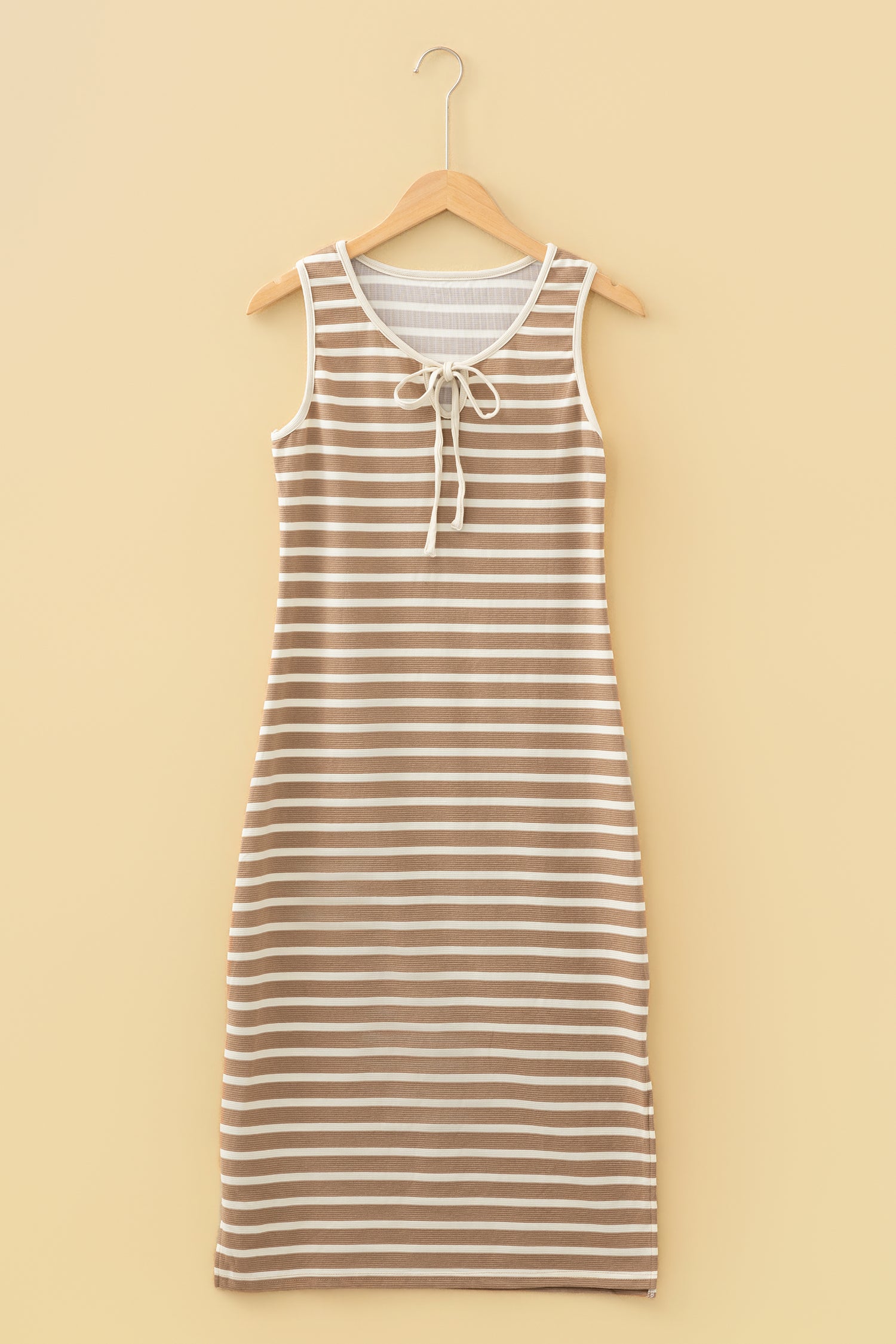 Sky Blue Stripe Tie V Neck Sleeveless Side Slit Midi Dress