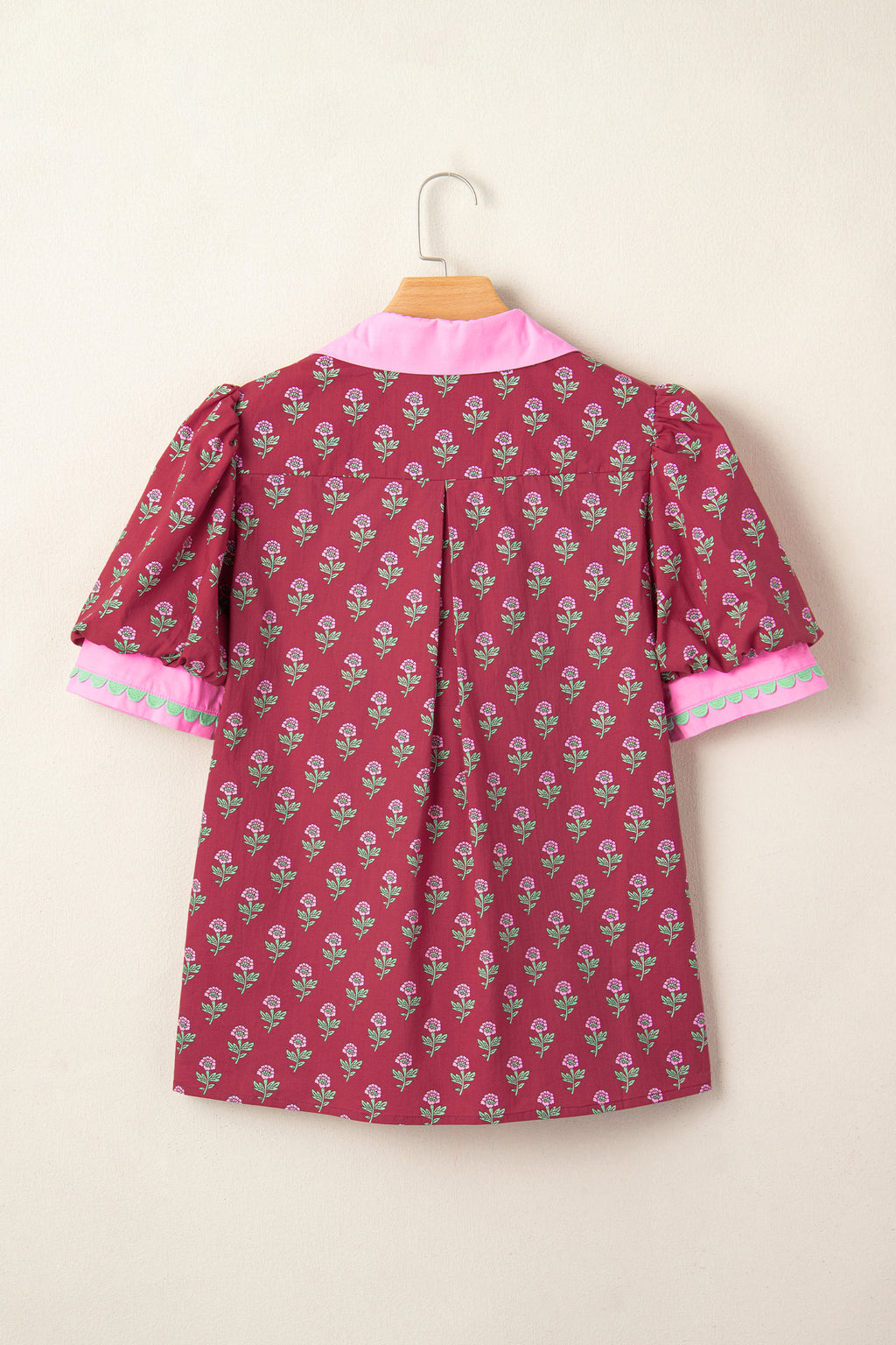 Red Contrast Collared V Neck Ricrac Trim Short Puff Sleeve Flower Blouse