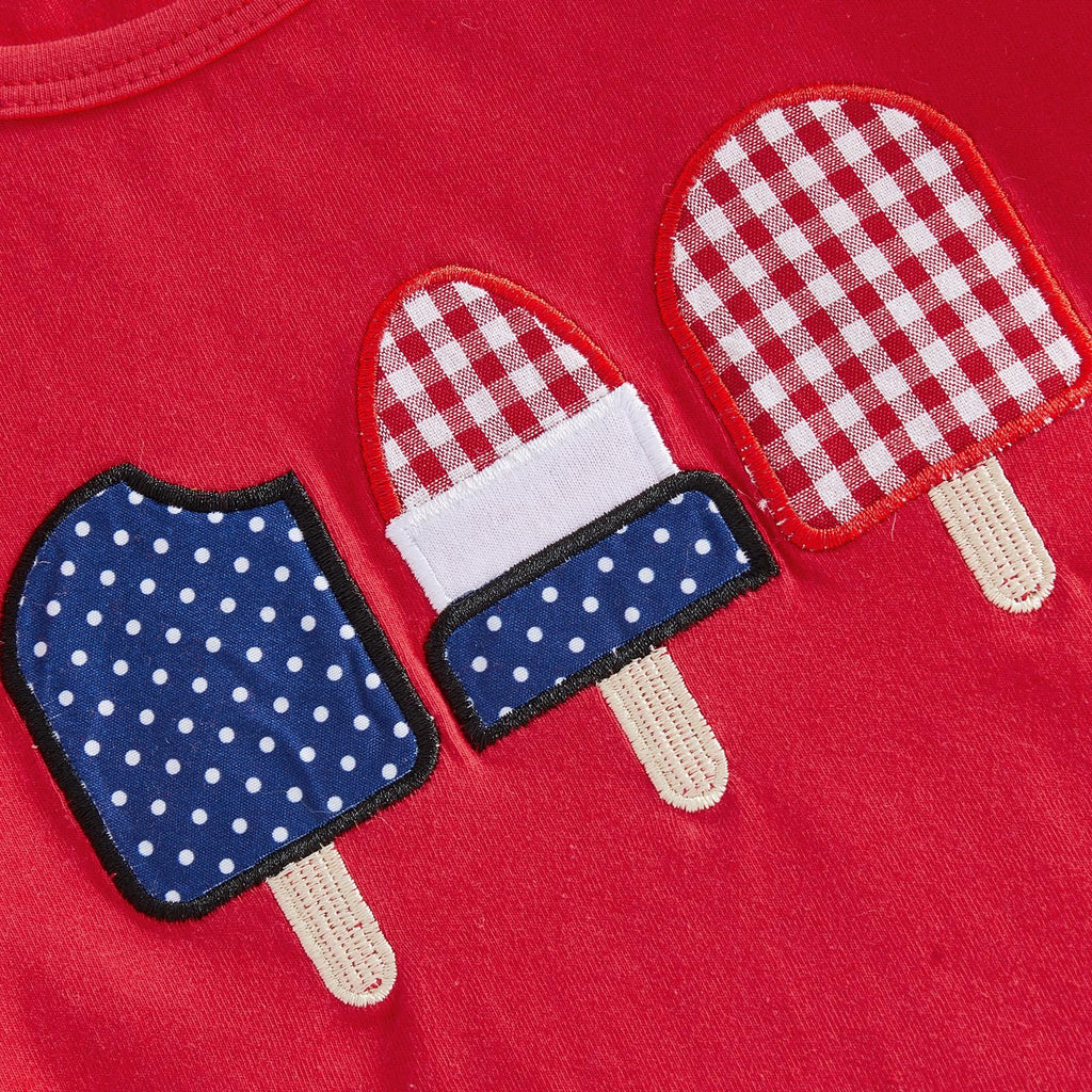 Karuedoo Toddler Baby Girl 4th of July Outfit Popsicle Embroidery Puff Sleeve Ruffle T Shirt Tops Plaid Shorts Set