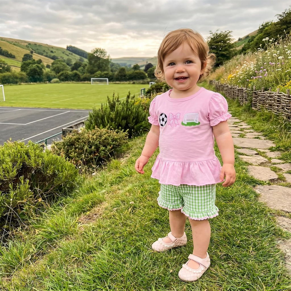 Toddler Baby Girl Golf Outfit Embroidered Ruffle Short Sleeve T Shirt Top Plaid Shorts 2 Piece Set Summer Clothes