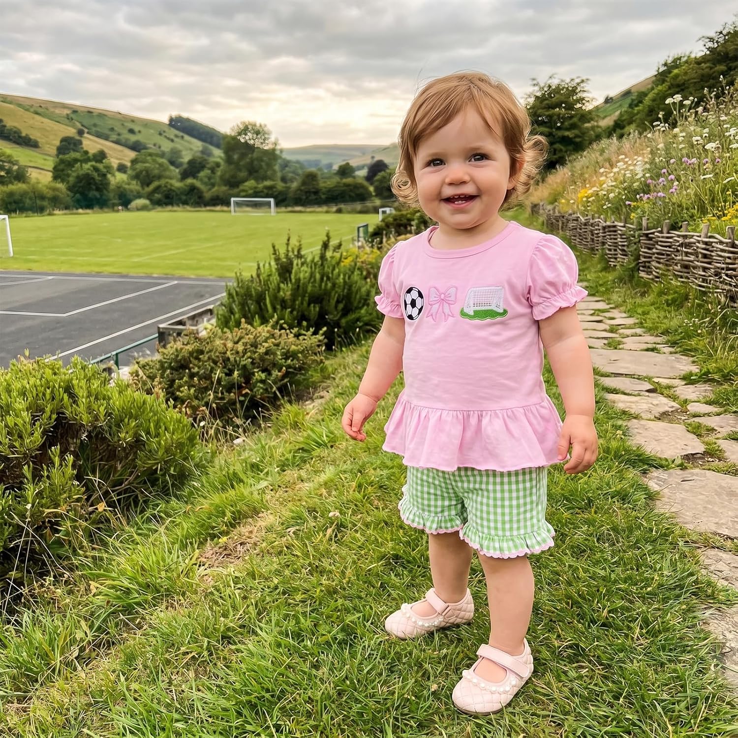 Toddler Baby Girl Golf Outfit Embroidered Ruffle Short Sleeve T Shirt Top Plaid Shorts 2 Piece Set Summer Clothes