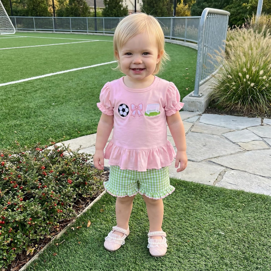 Toddler Baby Girl Golf Outfit Embroidered Ruffle Short Sleeve T Shirt Top Plaid Shorts 2 Piece Set Summer Clothes