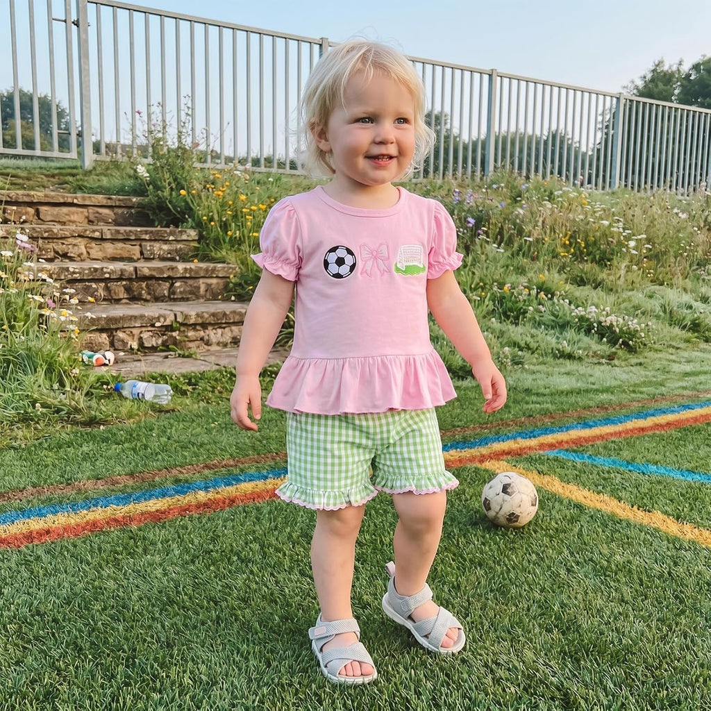 Toddler Baby Girl Golf Outfit Embroidered Ruffle Short Sleeve T Shirt Top Plaid Shorts 2 Piece Set Summer Clothes