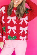 Fiery Red Bow Pearl Embellished Christmas Holiday Sweater