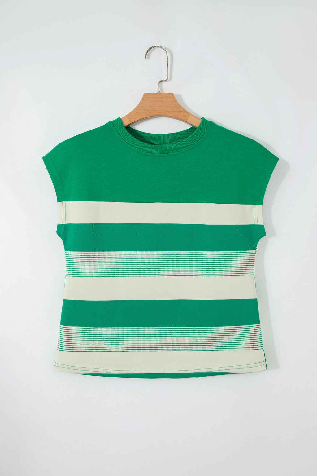 Black Stripe Mixed Print Crew Neck Cap Sleeve T Shirt