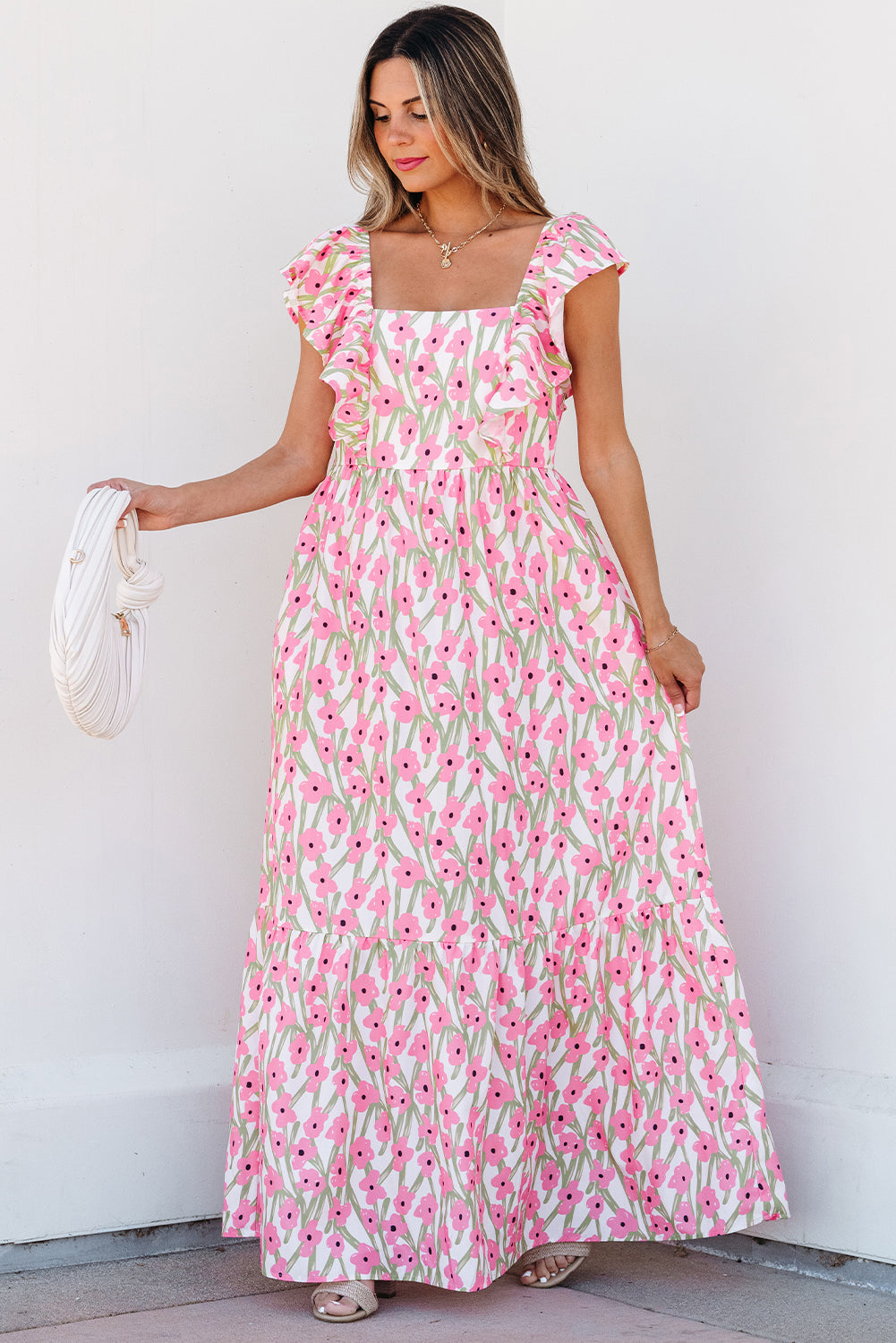 Pink Floral Print Easter Neck Ruffled Strap Maxi Dress