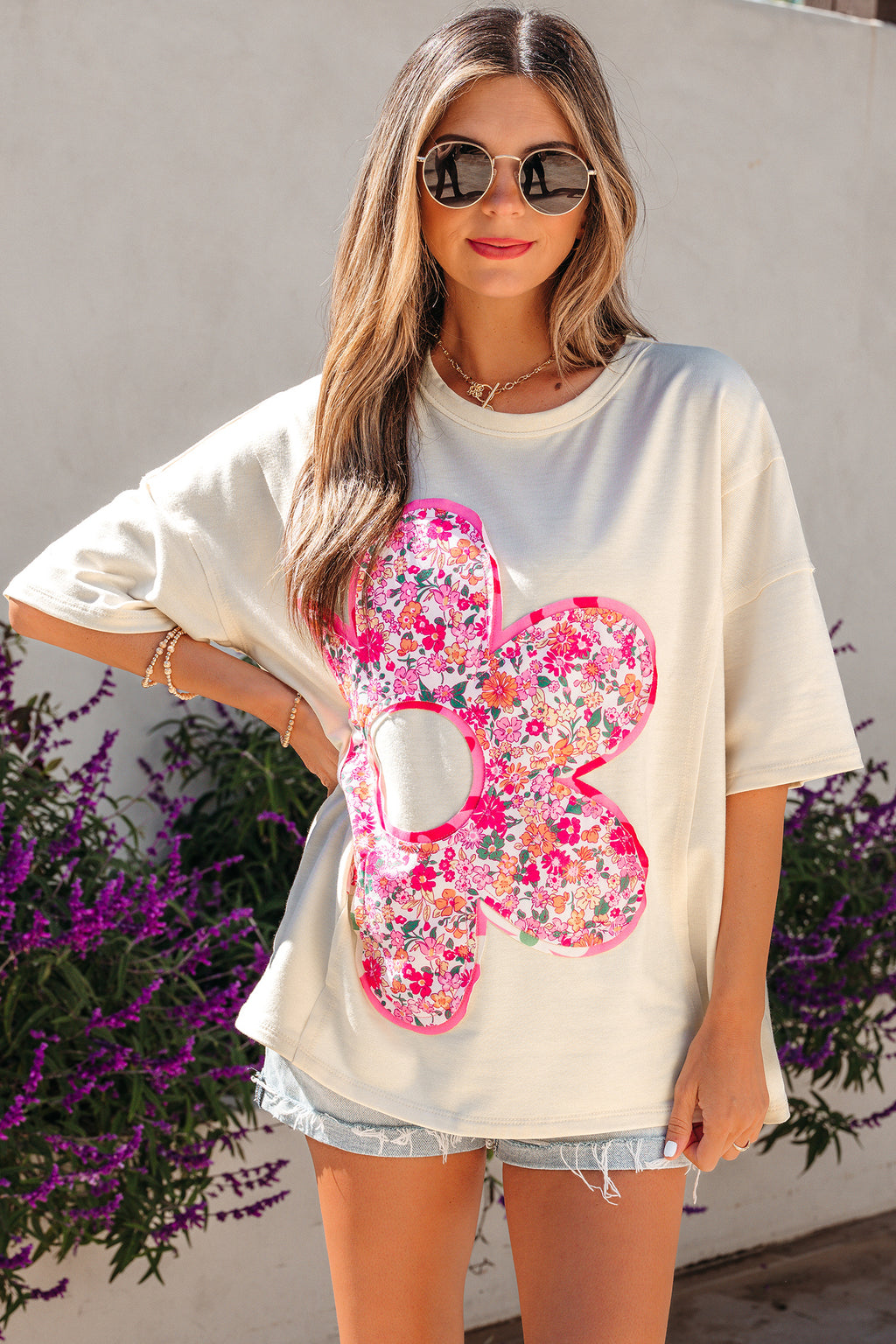 Bright Pink Floral Patched Raw Seam Big Flower Oversize Tee