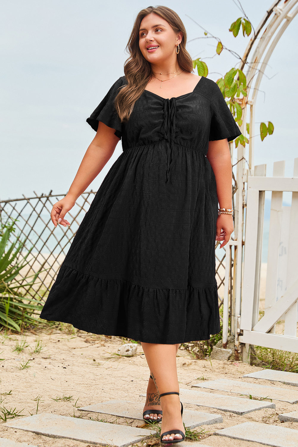 Blue Plus Size Short Sleeve Lace-up High Waist Midi Dress