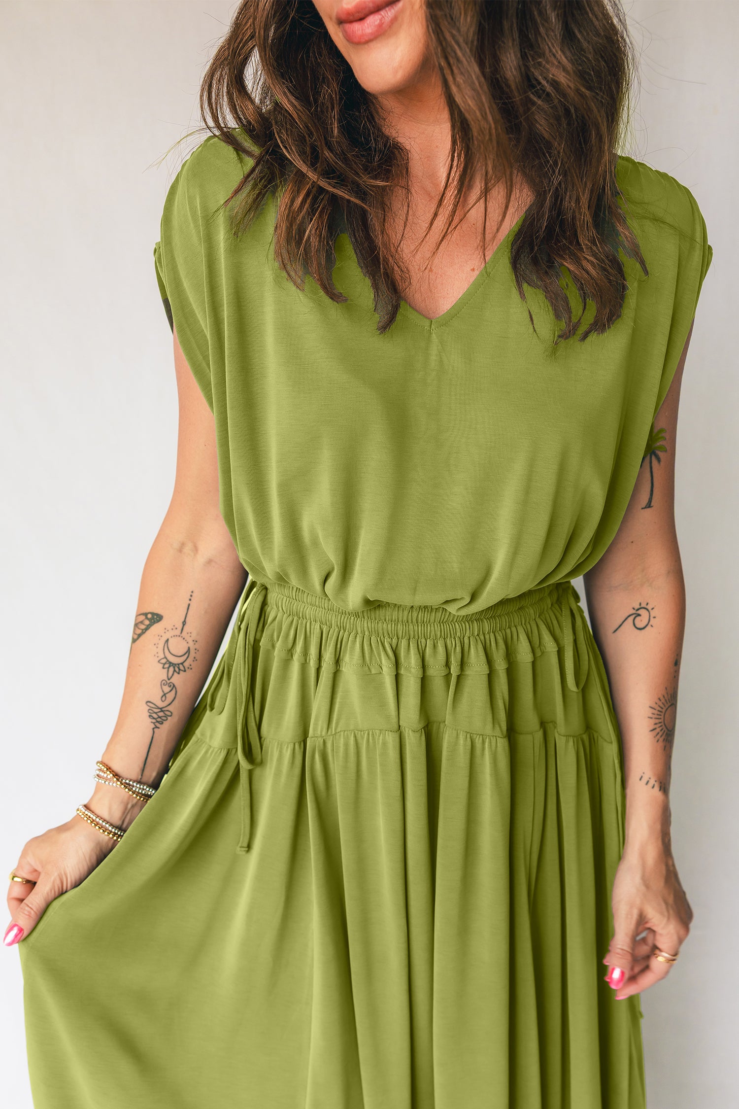 Fern Green Solid V Neck Cap Sleeve Tunic Elastic Waist Versatile Maxi Dress