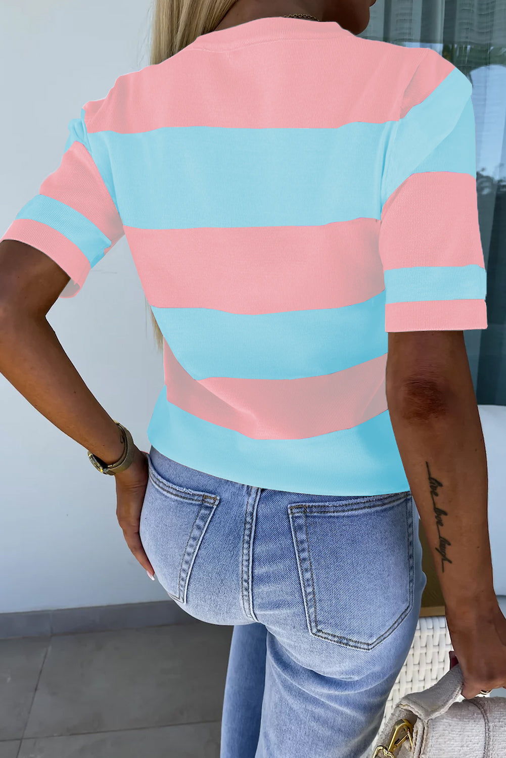 Sky Blue Stripe Colorblock Striped Knitted T shirt