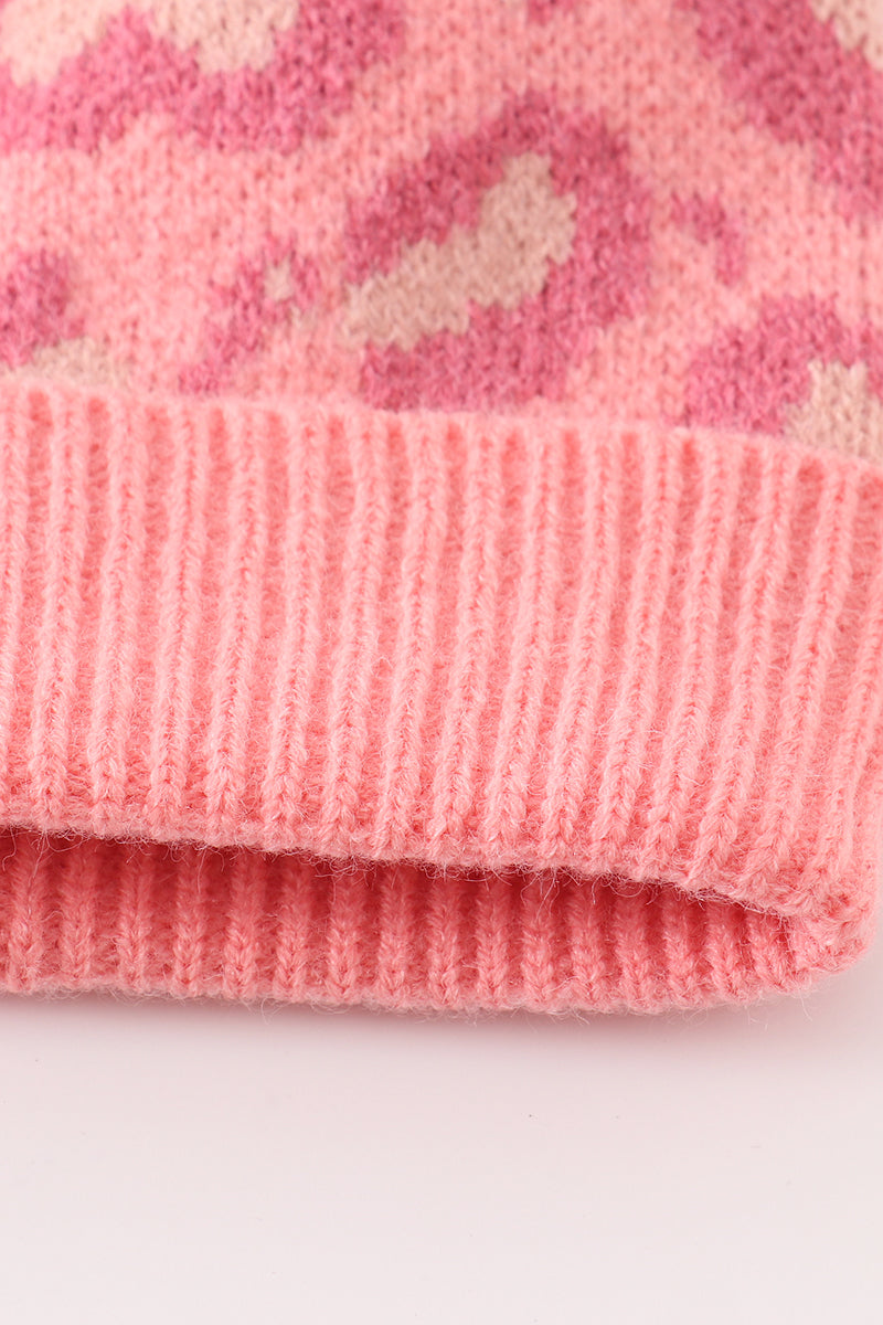 Pink pompom leopard cable beanie hat