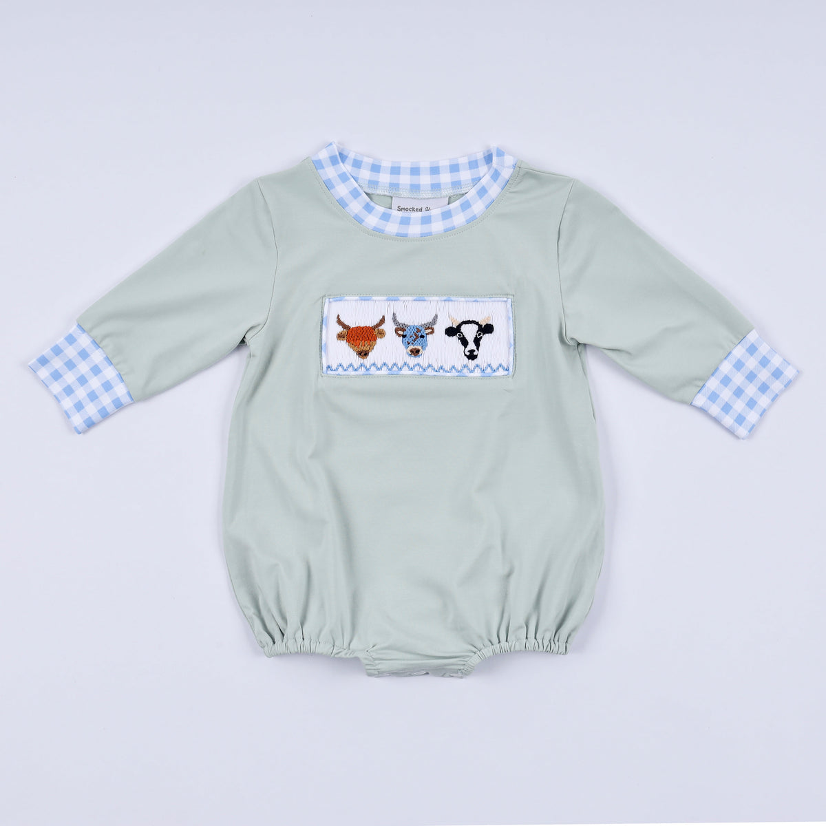 Sage cow hand smocked bubble