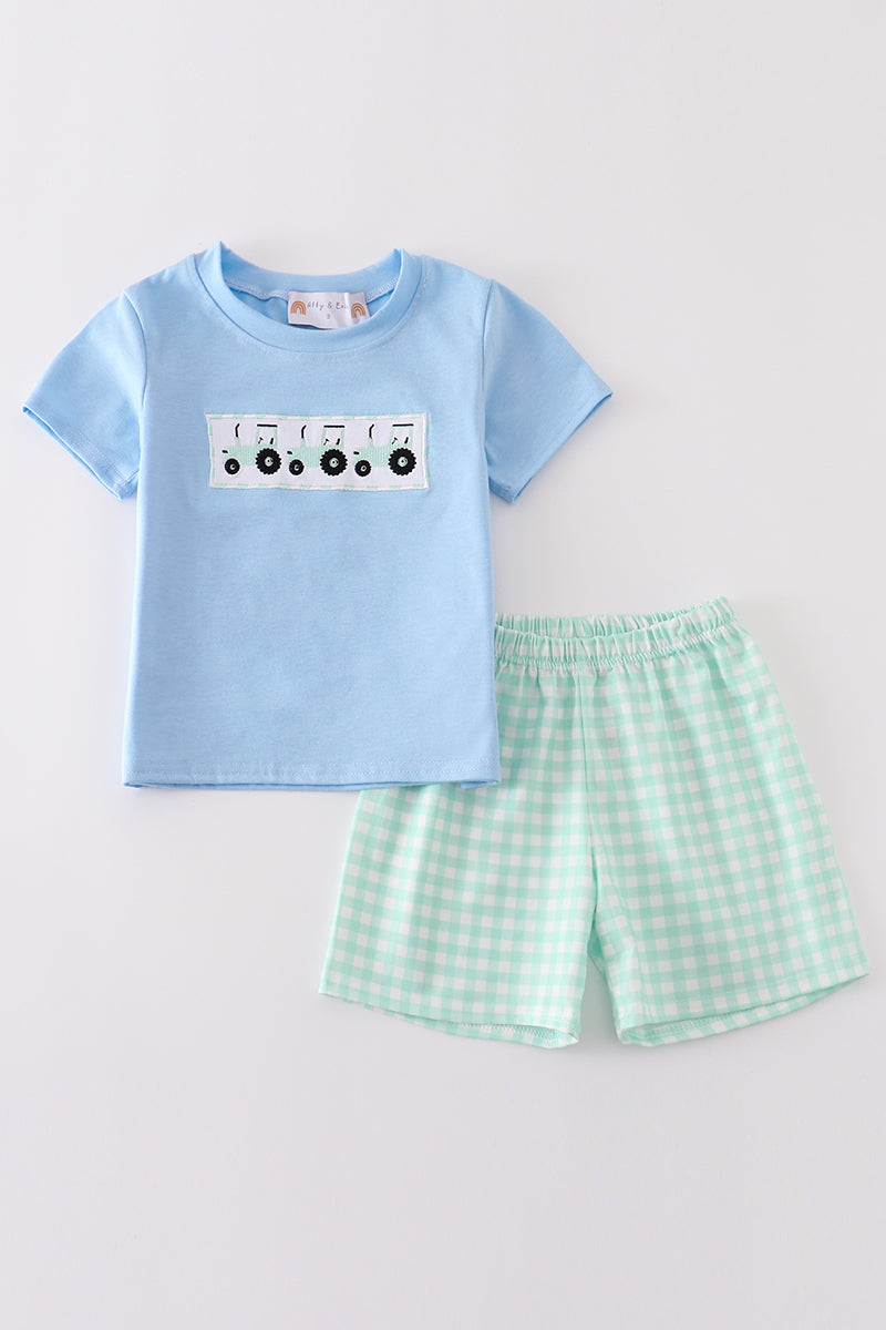 Blue tractor embroidery boy set