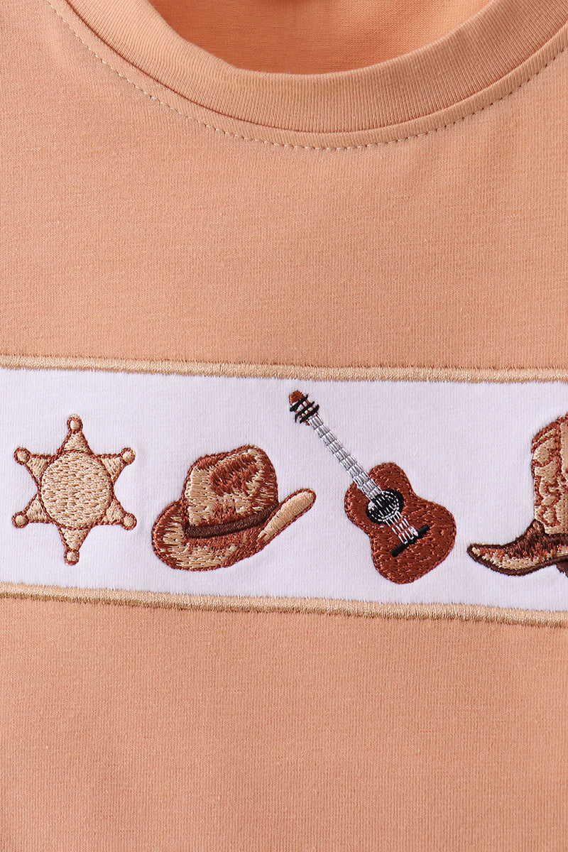 Brown Western Embroidered Shorts Set