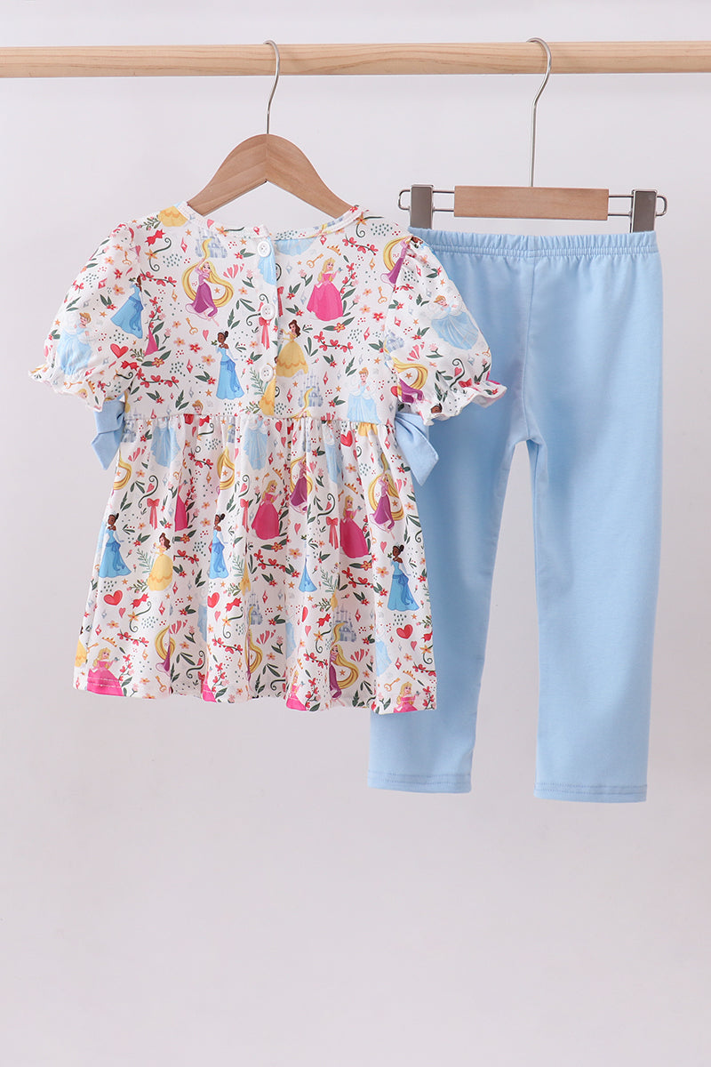 Blue character embroidery bow ruffle pants set