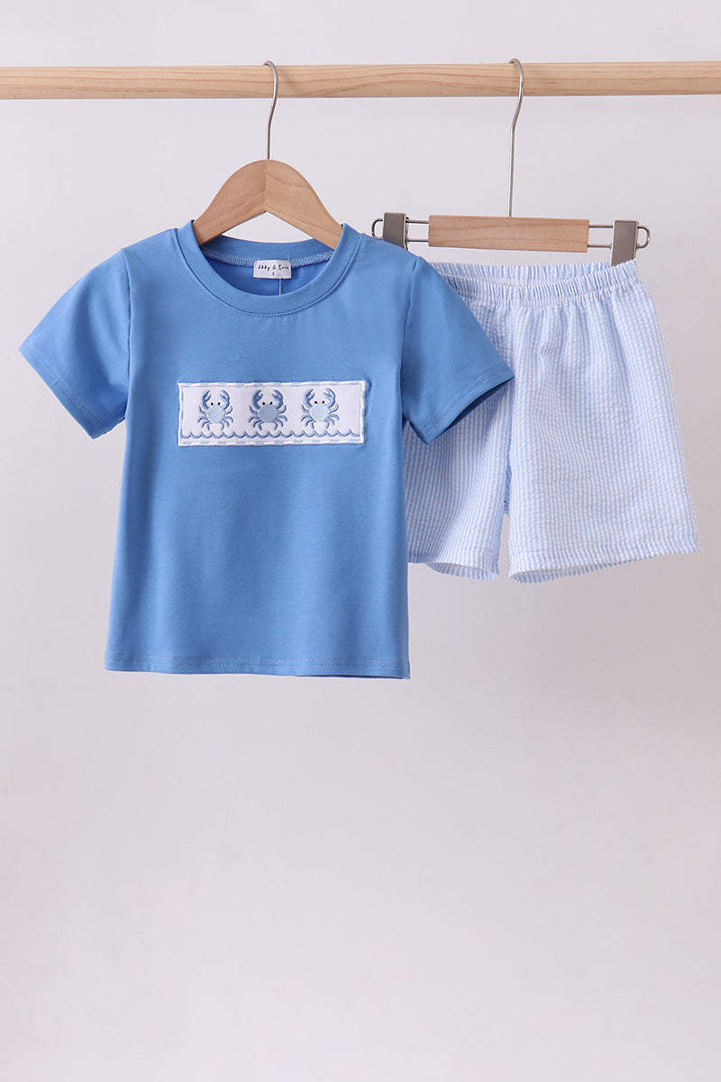 Blue Crab Embroidered Seersucker Shorts Set