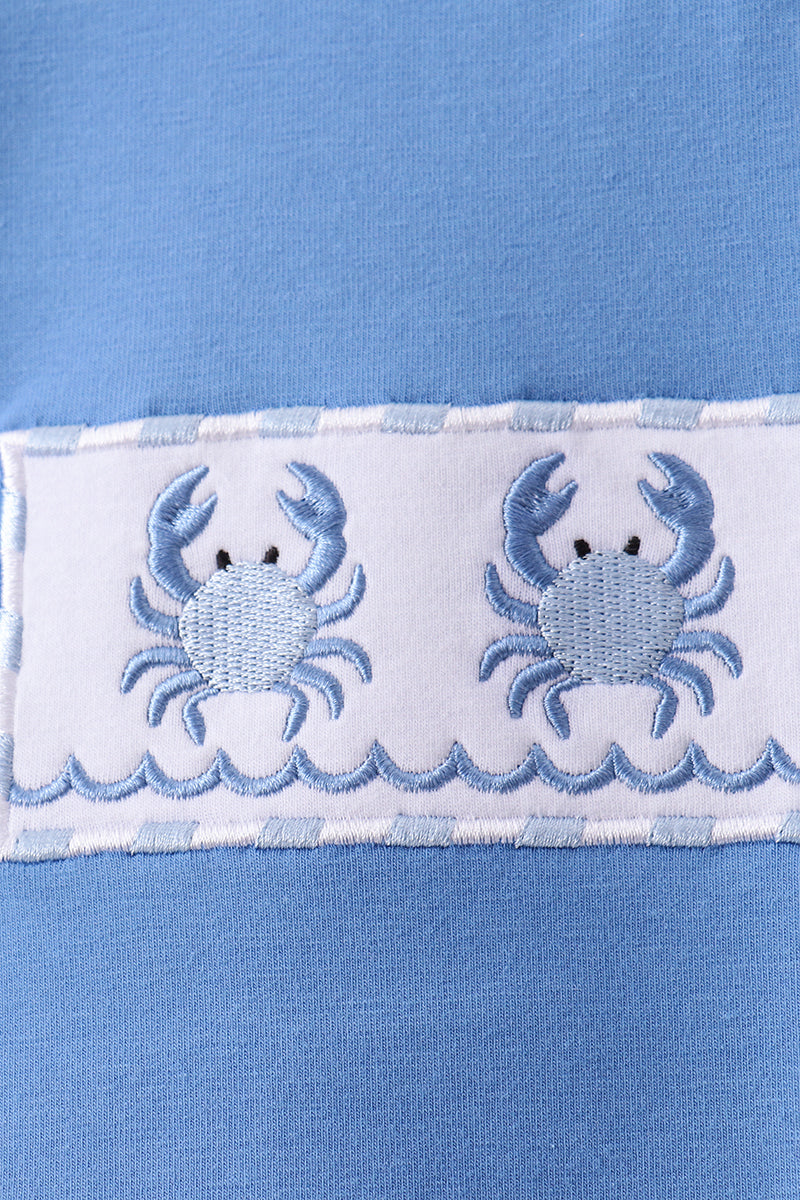 Blue Crab Embroidered Seersucker Shorts Set