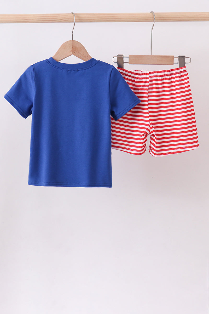 Blue 1776 flag embroidery stripe shorts set