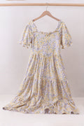 Floral print puff sleeve tiered dress