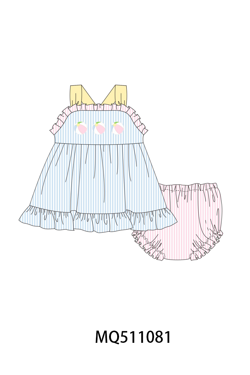 Blue ball embroidery ruffle bloomer set