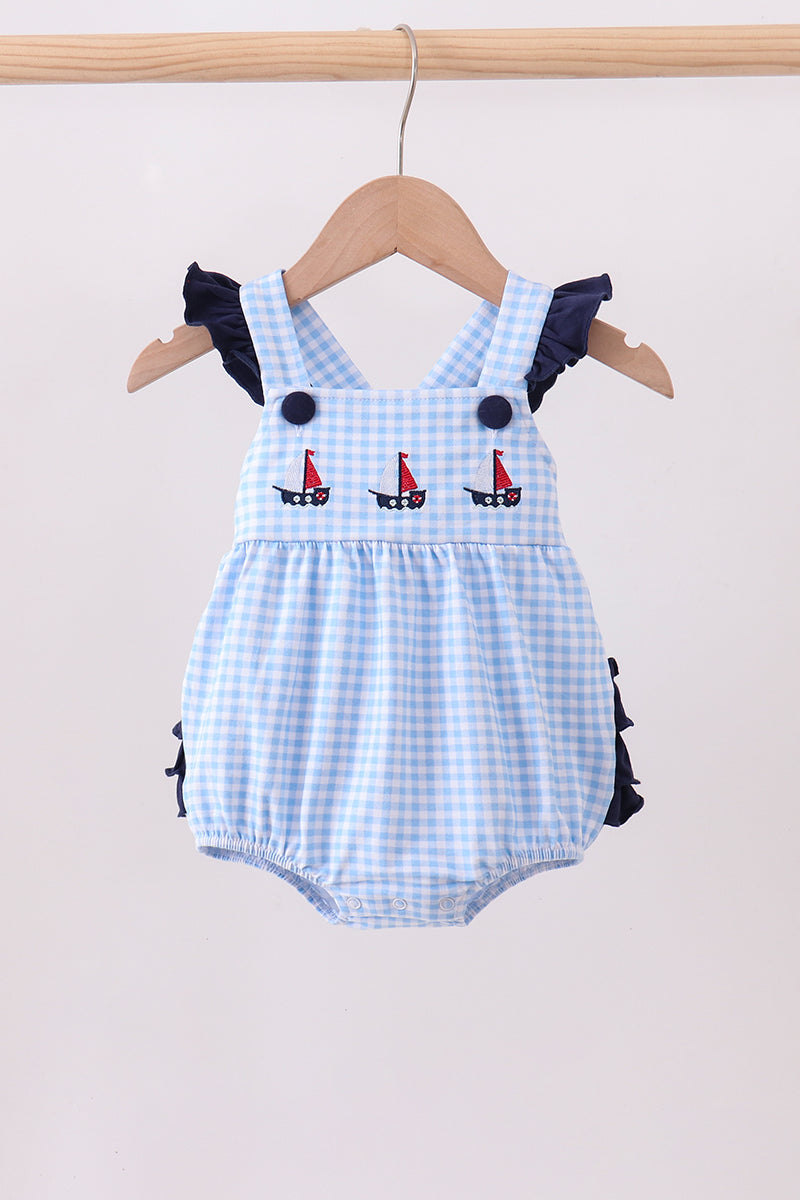 Blue sailboat embroidery stripe ruffle bubble