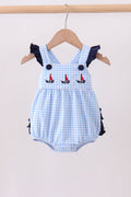 Blue sailboat embroidery stripe ruffle bubble