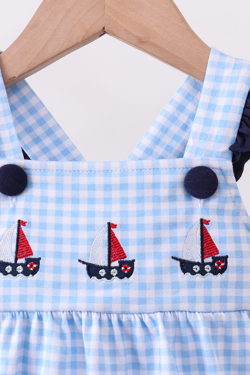 Blue sailboat embroidery stripe ruffle bubble