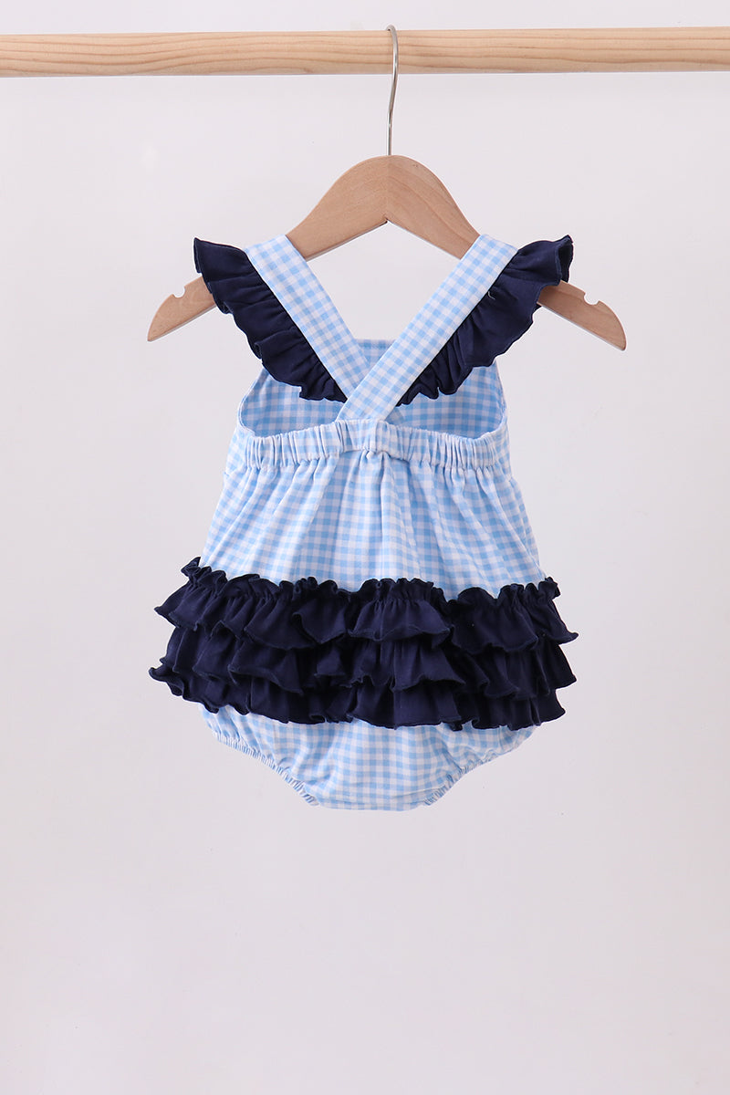 Blue sailboat embroidery stripe ruffle bubble