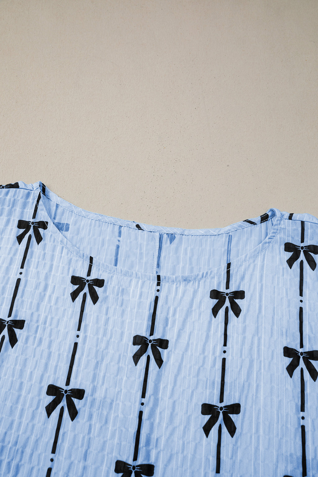 Beige Bow Print Puff Short Sleeve Top