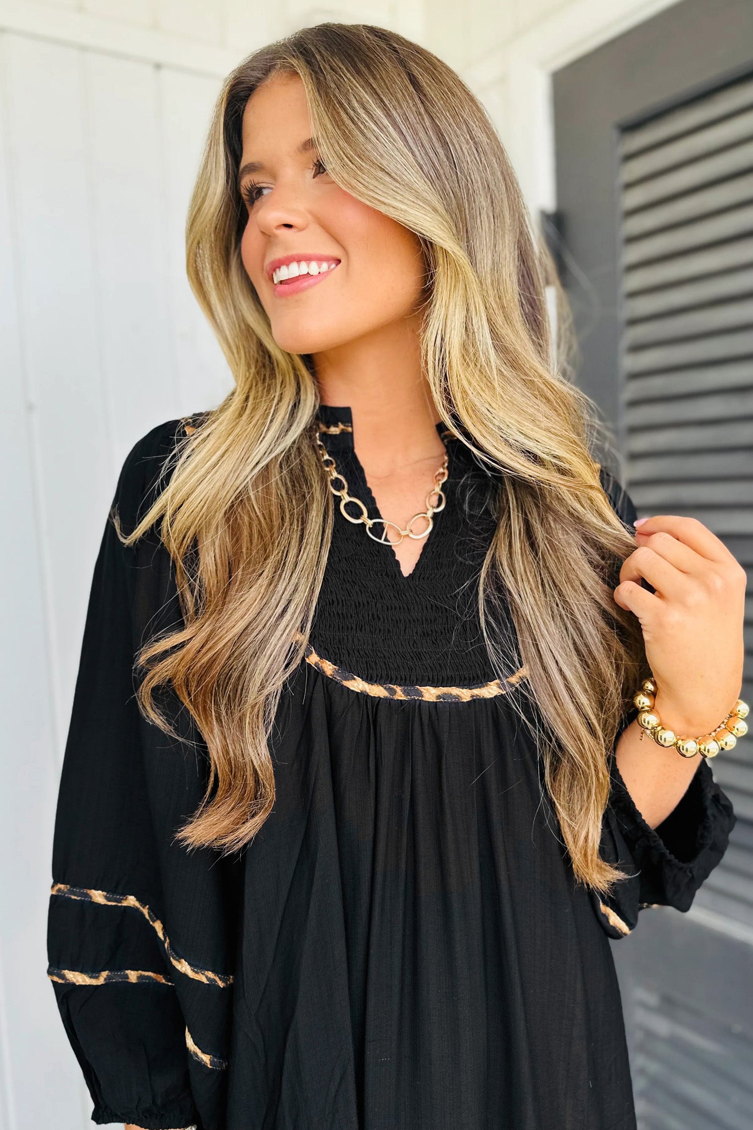 Black Contrast Leopard Trim Split Neck Long Sleeve Casual Midi Dress