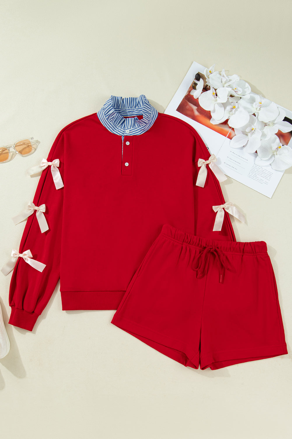 Racing Red Striped Collar Patchwork - Bow Sweatshirt and Shorts Set