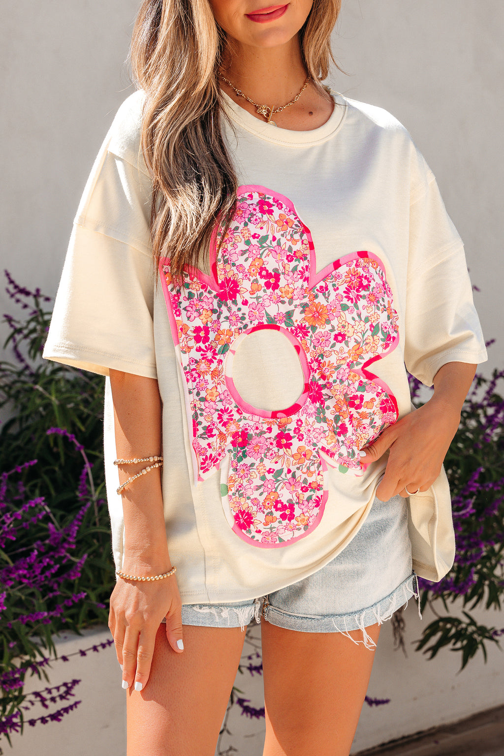 Bright Pink Floral Patched Raw Seam Big Flower Oversize Tee