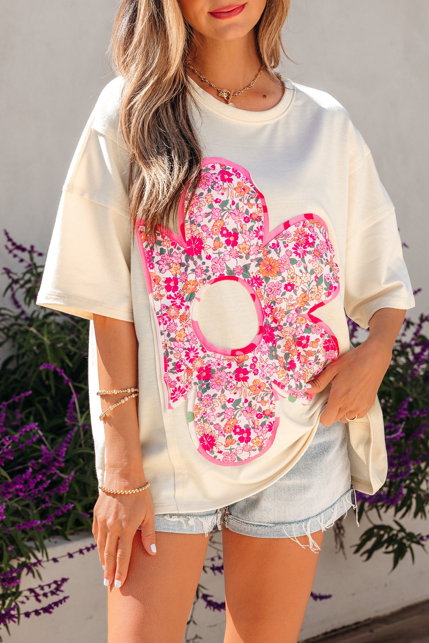 Bright Pink Floral Patched Raw Seam Big Flower Oversize Tee