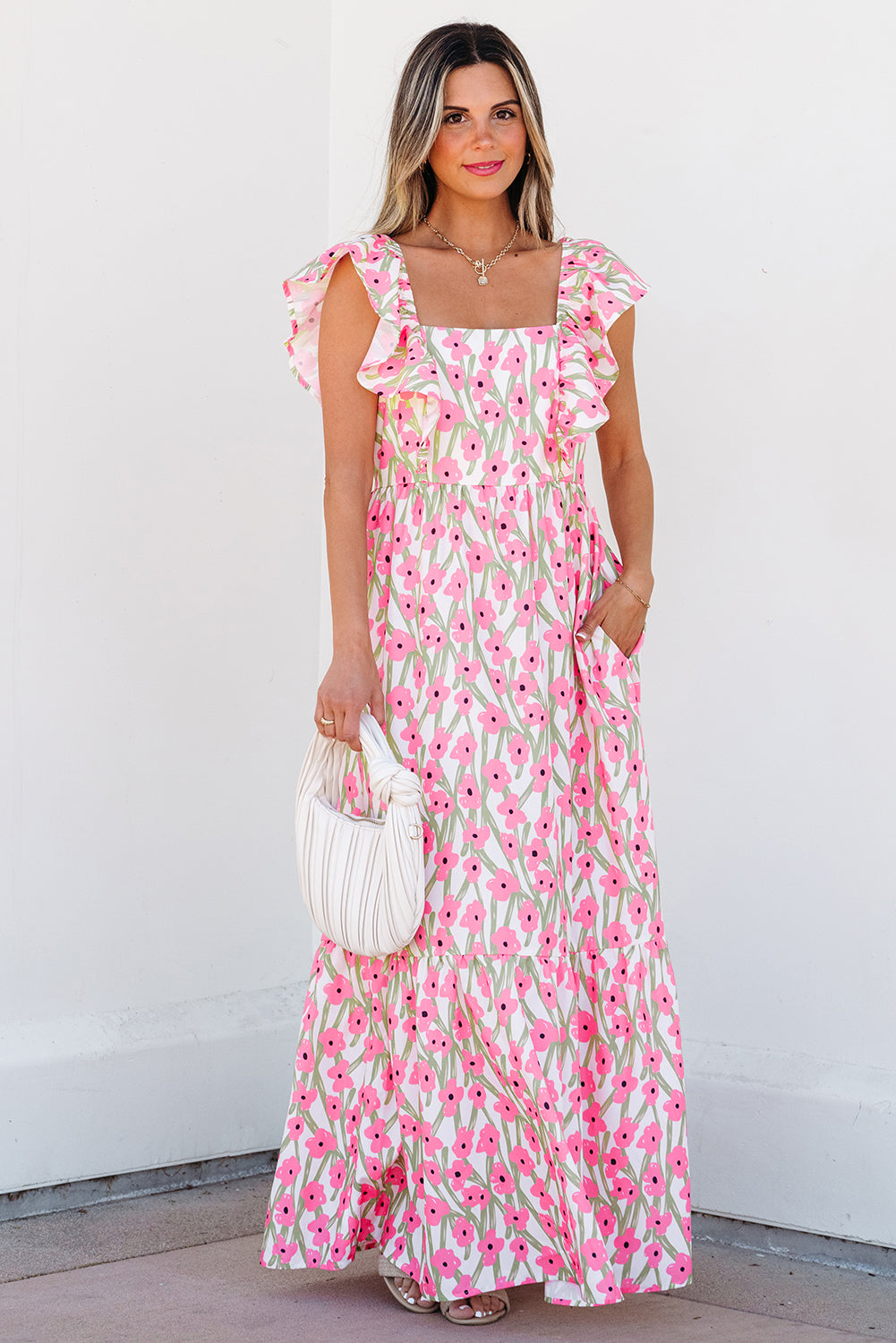 Pink Floral Print Easter Neck Ruffled Strap Maxi Dress