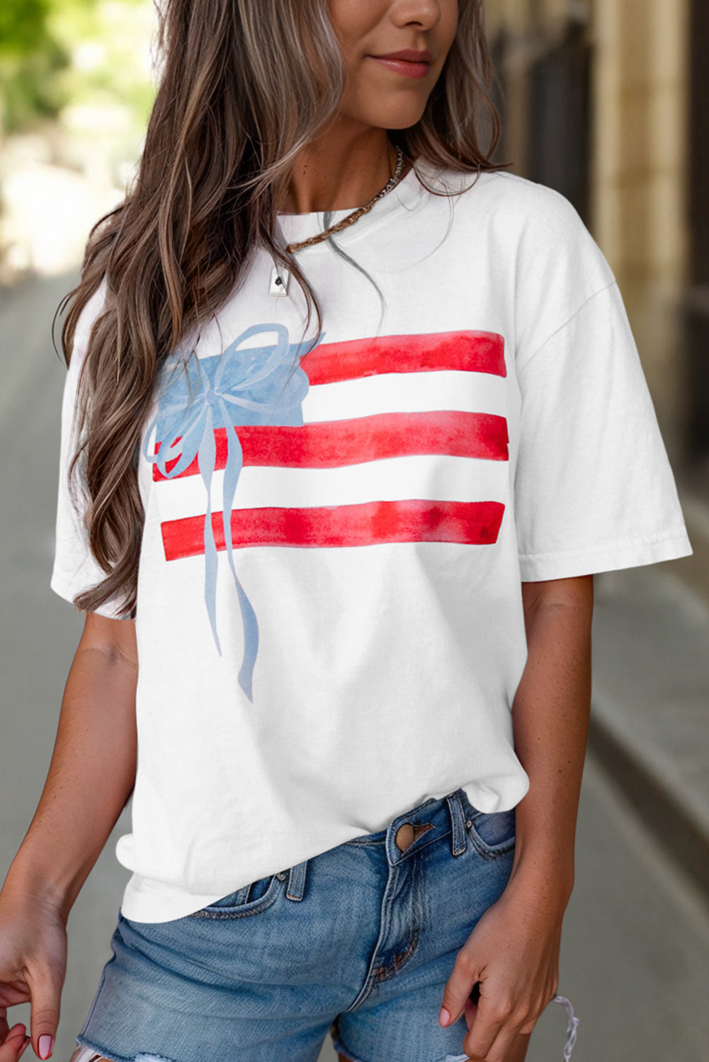 Light Pink Flag Bow Graphic Crewneck Tee
