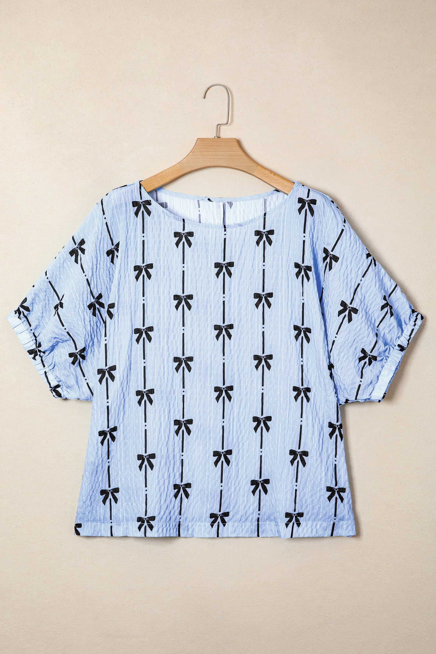 Beige Bow Print Puff Short Sleeve Top
