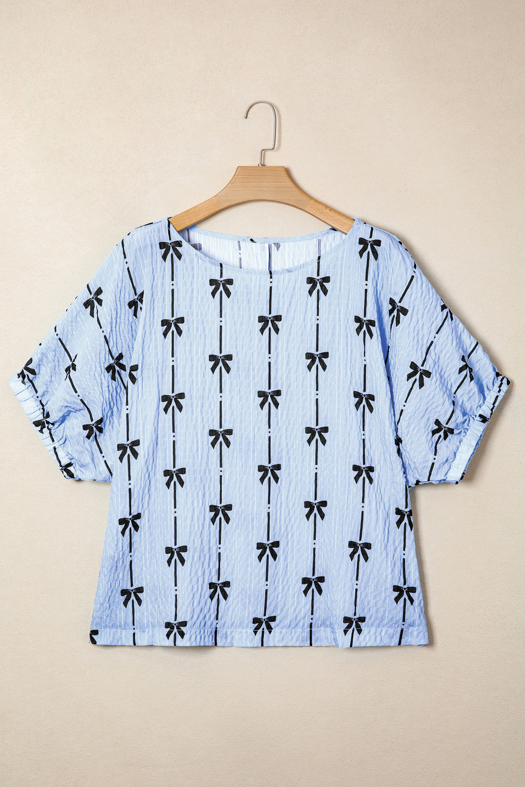 Beige Bow Print Puff Short Sleeve Top