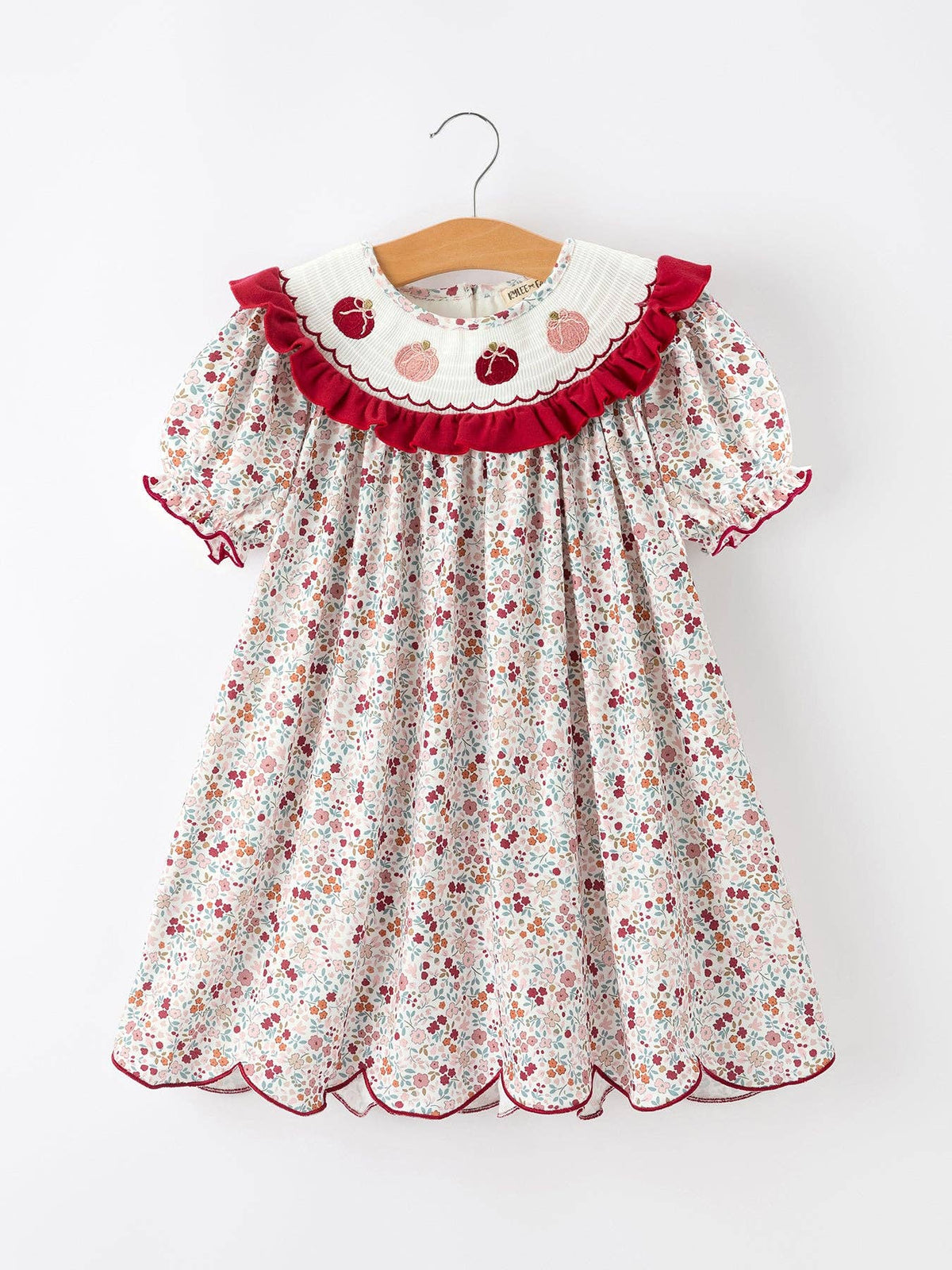 Fall Pumpkin Embroidery Girls Dress Floral Ruffle Collar Dress