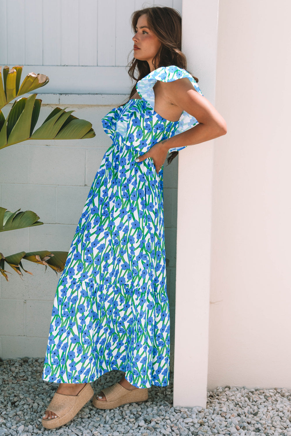 Pink Floral Print Easter Neck Ruffled Strap Maxi Dress