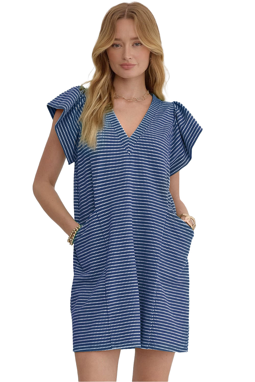 Blue Stripe Textured Knit V Neck Flutter Sleeve Shift Mini Dress