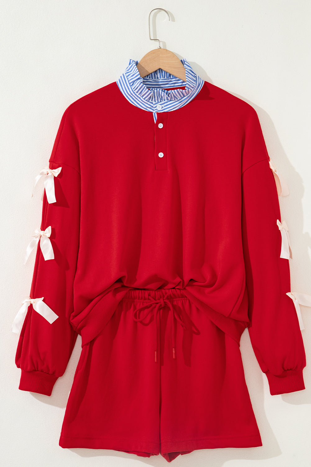 Racing Red Striped Collar Patchwork - Bow Sweatshirt and Shorts Set
