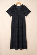 Black Floral Lace Overlay Tassel Tie Short Sleeve Beach Vacation Loose Maxi Dress