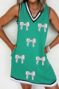 Mint Green Contrast Striped Detail Glitter Baseball Patched V Neck Tank Dress