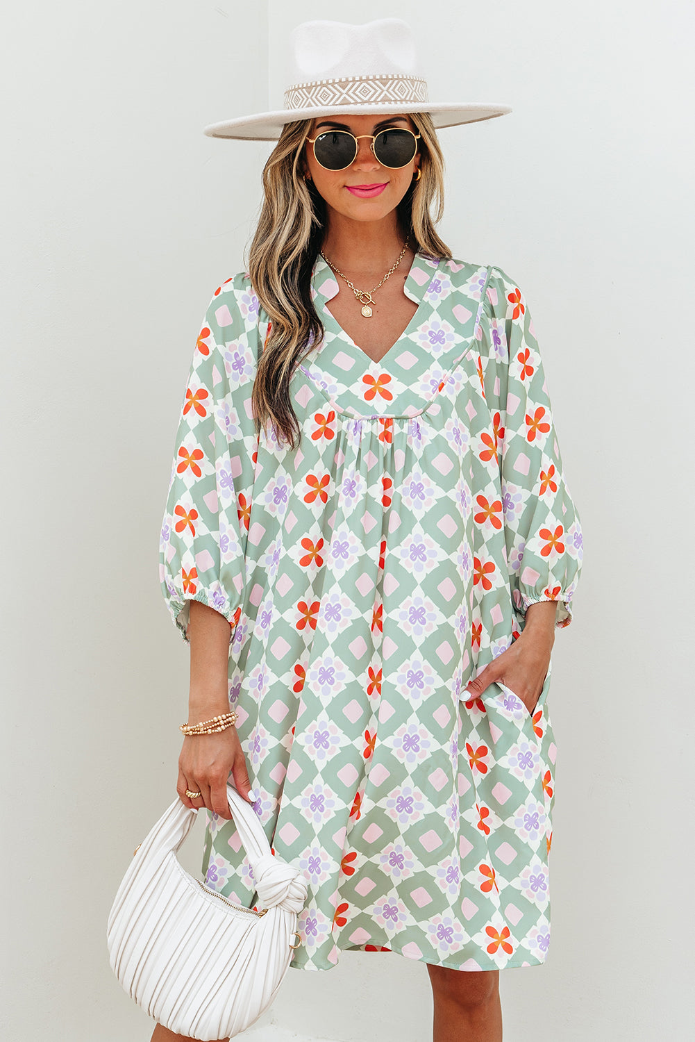 Green Geometric Floral Print 3/4 Sleeve Notched Neck Mini Dress