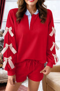Racing Red Striped Collar Patchwork - Bow Sweatshirt and Shorts Set