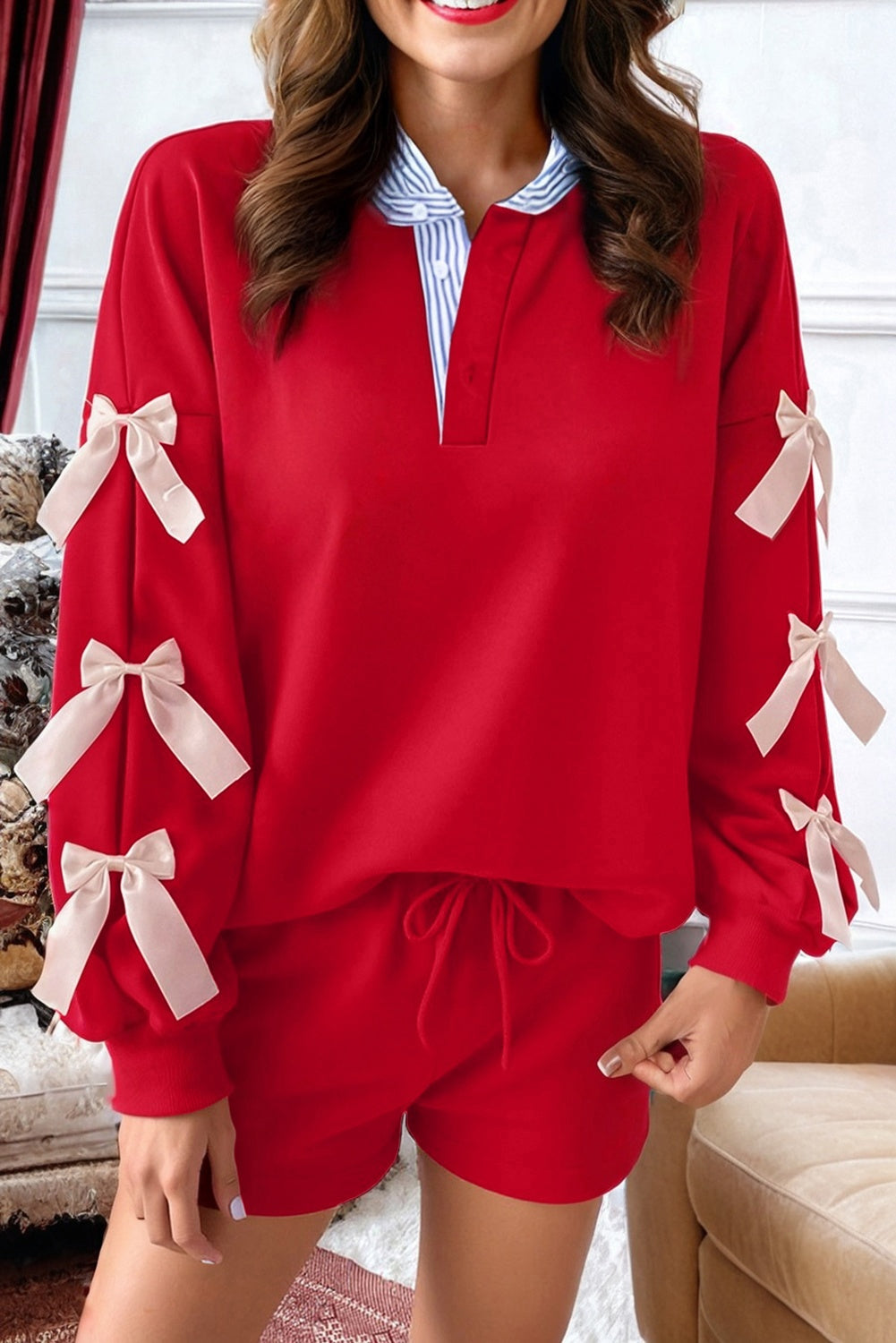 Racing Red Striped Collar Patchwork - Bow Sweatshirt and Shorts Set